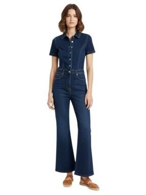 Jessica Simpson Dark Blue Denim Short-Sleeve One-Piece Jumpsuit